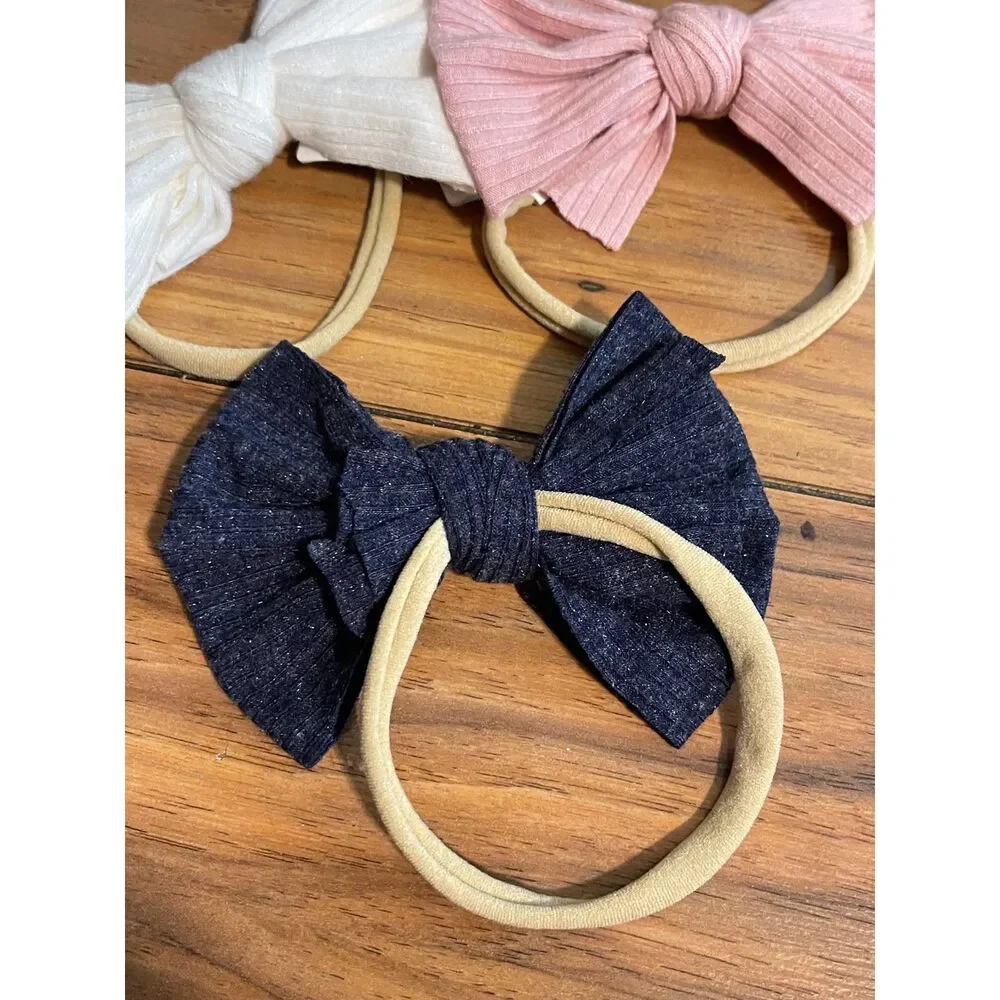 Boutique Hair Bow Nylon Headband Bundle of 3 | Baby Girl Blue Pink White OSFM